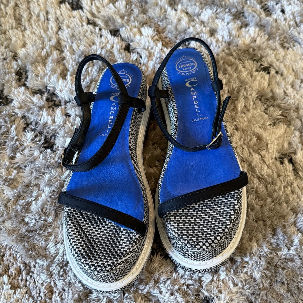 Jeffrey Campbell Blue and Black flat form Sandals with Adjustable Ankle Straps